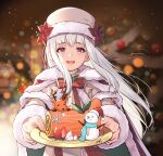  1girl :d absurdres alternate_costume bangs cape christmas commentary da-cart dress eyebrows_visible_through_hair fire_emblem fire_emblem:_three_houses fire_emblem_heroes flower fur-trimmed_cape fur-trimmed_sleeves fur_trim hat hat_flower highres holding holding_plate long_hair looking_at_viewer lysithea_von_ordelia official_alternate_costume pink_eyes plate red_flower silver_hair smile snowman solo upper_body very_long_hair white_dress white_headwear yule_log 