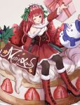  1girl bangs blush breasts cake christmas dress food fruit gift hair_ribbon highres it_ai long_hair looking_at_viewer one_eye_closed original pointy_ears red_hair ribbon sign sitting small_breasts smile snowman solo strawberry 
