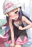 1girl bare_arms beanie black_hair black_shirt blush commentary_request dawn_(pokemon) eyelashes grey_eyes hair_ornament hairclip hat highres hot long_hair looking_at_viewer lower_teeth one_eye_closed open_mouth padoruu pink_skirt piplup pokemon pokemon_(creature) pokemon_(game) pokemon_dppt red_scarf scarf shirt sidelocks skirt sleeveless sleeveless_shirt steam sweat teeth tongue translation_request white_headwear 