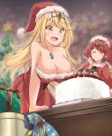  2girls bangs blonde_hair breasts cake chest_jewel christmas cleavage commentary_request food hat highres kurokaze_no_sora large_breasts long_hair multiple_girls mythra_(xenoblade) pyra_(xenoblade) red_hair santa_costume santa_hat short_hair swept_bangs very_long_hair xenoblade_chronicles xenoblade_chronicles_(series) xenoblade_chronicles_2 yellow_eyes 