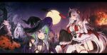 6+girls :3 :d animal_ears asymmetrical_legwear black_headwear black_legwear black_panties black_skirt blue_hair breasts bridal_gauntlets bsapricot_(vtuber) budget_sarashi castle cat_ears character_request cleavage dragon elbow_gloves fishnet_legwear fishnets full_moon garter_straps gloves hairband halloween halloween_costume halo hands_up hat highres holding horns jewelry lantern large_breasts letterboxed long_hair long_sleeves looking_at_viewer low_wings melody_(projektmelody) miniskirt mismatched_legwear moon multicolored_hair multiple_girls multiple_horns night night_sky nyatasha_nyanners ofuda ofuda_on_nipples panties pantyshot pasties pink_eyes pink_hair pleated_skirt pointy_ears ring sarashi silvervale single_sleeve skindentation skirt sky sleeves_past_fingers sleeves_past_wrists smile standing streaked_hair symbol-only_commentary tail terupancake thighhighs twintails underwear vei_(vtuber) very_long_hair virtual_youtuber vshojo white_gloves white_legwear wings witch_hat 