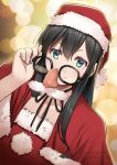  1girl artist_name bangs black_choker black_hair black_ribbon blue_eyes blurry blurry_background choker christmas dated dress funny_glasses fur-trimmed_dress fur-trimmed_headwear fur-trimmed_jacket fur_trim glasses hair_between_eyes hat holding holding_eyewear jacket kantai_collection long_hair looking_at_viewer nikuoji ooyodo_(kancolle) red_jacket removing_eyewear ribbon ribbon_choker santa_costume santa_hat smile upper_body 