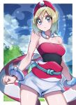  1girl blonde_hair blue_eyes blush bracelet breasts cleavage closed_mouth cloud commentary_request day eyelashes frown hair_between_eyes hat highres irida_(pokemon) jewelry medium_hair neck_ring outdoors pokemon pokemon_legends:_arceus red_hat red_shirt sash shirt shorts sky solo strapless strapless_shirt waist_cape white_shorts yasu_suupatenin 