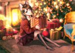  1girl absurdres animal_ears bangs black_legwear blush brown_hair cat_ears chair christmas christmas_tree fireplace gift highres holding indoors irum looking_at_viewer mat original purple_eyes school_uniform sitting smile solo uniform 