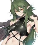  1girl absurdres antenna_hair arknights arm_strap bangs bare_shoulders bikini black_bikini black_choker breasts choker closed_mouth commentary commentary_request gavial_(arknights) green_hair hair_between_eyes highres holding holding_clothes holding_shirt lips long_hair looking_at_viewer medium_breasts navel partial_commentary pointy_ears shirt shirt_removed simple_background sirius_enjoliao slit_pupils solo stomach swimsuit upper_body white_background yellow_eyes 