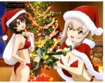  2girls absurdres akaboshi_koume ass bangs bare_arms bell bikini blue_eyes breasts brown_hair christmas christmas_ornaments christmas_present christmas_tree cleavage eyebrows_visible_through_hair gift girls_und_panzer grey_hair hair_between_eyes hand_on_hip hat highres holding holding_sack holding_toy itou_takeshi itsumi_erika light_brown_hair long_hair looking_at_viewer mc_axis medium_breasts multiple_girls navel neck_bell official_art sack santa_bikini santa_hat scan short_hair sidelocks smile standing swimsuit thighs toy window 