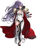 1girl alternate_costume armor bangs belt black_footwear boots breasts cape cleavage closed_mouth criss-cross_halter dress earrings fire_emblem fire_emblem:_genealogy_of_the_holy_war fire_emblem_heroes full_body gold_trim hair_ornament halterneck hand_on_own_chest hand_on_thigh hand_up highres ishtar_(fire_emblem) jewelry lips long_dress long_hair long_sleeves looking_at_viewer medium_breasts official_art ponytail purple_eyes purple_hair red_cape shiny shiny_hair shiny_skin shoulder_armor side_slit simple_background suzuki_rika thigh_boots thighhighs thighs tied_hair toeless_footwear toes white_dress 