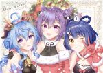  3girls :d absurdres animal_ears antlers arm_grab bangs bell black_bow black_gloves black_ribbon blue_hair bodysuit bow braid breasts center_opening christmas christmas_tree dated detached_hood dress elbow_gloves eyebrows_visible_through_hair fake_animal_ears fishnets fur-trimmed_collar fur-trimmed_dress fur-trimmed_gloves fur-trimmed_hood fur-trimmed_sleeves fur_trim ganyu_(genshin_impact) genshin_impact gloves hair_between_eyes hair_bow hair_cones hair_ornament hair_rings hand_on_another&#039;s_shoulder highres hood hoodie horns keqing_(genshin_impact) large_breasts light_blue_hair long_hair looking_at_viewer medium_breasts merry_christmas multiple_girls neck_bell one_eye_closed purple_eyes purple_hair red_dress red_gloves red_hoodie reindeer_antlers ribbon santa_costume short_hair single_braid smile star_(symbol) tateko25wiz thick_eyebrows twintails upper_body v xiangling_(genshin_impact) yellow_eyes 