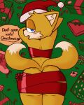  &lt;3 2_tails 3_fingers anthro big_butt blue_eyes blush bow_(disambiguation) butt butt_squish candy candy_cane canid canine christmas christmas_clothing christmas_headwear christmas_stocking clothed clothing dessert dialogue dr._eggman egg english_text fingers food fox fur gift girly green_background hat headgear headwear heart_tail hi_res holidays lying male mammal miles_prower multi_tail naked_ribbon on_front open_mouth peppermint_(candy) presenting presenting_hindquarters red_clothing red_ribbon ribbons santa_hat sega simple_background smile solo sonic_the_hedgehog_(series) speech_bubble squish text thick_thighs video_games yellow_body yellow_fur zlut385 