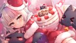  &gt;_&lt; 1girl arata_(xin) bangs blunt_bangs blush brown_eyes cake capelet christmas closed_mouth commentary dress eyebrows_visible_through_hair food fur-trimmed_capelet fur-trimmed_dress fur_trim hat highres hololive looking_at_viewer multicolored_hair murasaki_shion pink_hair purple_hair red_capelet red_dress santa_costume santa_hat shiokko_(murasaki_shion) silver_hair smile solo streaked_hair thighhighs virtual_youtuber 