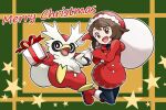 1girl :d black_footwear black_pants bob_cut boots brown_eyes brown_hair christmas coat commentary_request delibird gloria_(pokemon) hat holding holding_sack mabu_(dorisuto) merry_christmas open_mouth pants pokemon pokemon_(creature) pokemon_(game) pokemon_swsh red_coat red_headwear sack santa_hat short_hair smile star_(symbol) tongue two-tone_background 