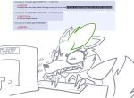 4chan angry angry_eyes anthro bodily_fluids canid canine canis claws computer computer_monitor crying english_text eyelashes female five_nights_at_freddy&#039;s five_nights_at_freddy&#039;s:_security_breach fluffy fluffy_tail furniture green_hair hair keyboard mammal monitor monochrome onomatopoeia roxanne_wolf_(fnaf) running_makeup running_mascara scottgames screencap shaking sharp_claws sharp_teeth shoulder_pads simple_background solo sound_effects table tears tears_of_rage teeth text the_weaver thread trembling typing video_games white_background wolf 