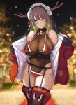  1girl antlers bangs bell bikini black_legwear blue_eyes blurry blurry_background breasts brown_hair brown_leotard christmas_tree cleavage closed_mouth coat colored_inner_hair commentary_request covered_navel detached_collar from_side garter_belt garter_straps green_hair hair_between_eyes hair_ribbon highres large_breasts leotard leotard_under_clothes looking_at_viewer maid_headdress mole mole_under_mouth multicolored_hair neck_bell nidy night open_clothes open_coat original outdoors red_coat reindeer_antlers ribbon santa_bikini snow solo swimsuit thighhighs underboob 