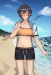  1girl alwaysdoodlin beach blue_eyes blue_sky blush breasts brown_hair cloud drawstring embarrassed highres jacket jacket_over_swimsuit male_swimwear navel ocean original shadow short_shorts shorts signature sky small_breasts solo sweat swim_trunks swimsuit water white_jacket 