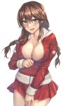  1girl blush braid breasts brown_hair cleavage collarbone cowboy_shot eyebrows_visible_through_hair green_eyes hair_between_eyes highres jacket kantai_collection kokuzou large_breasts long_hair long_sleeves noshiro_(kancolle) open_mouth pleated_skirt pom_pom_(clothes) red_jacket red_skirt simple_background skirt solo twin_braids white_background 