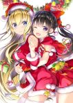  2girls bell black_hair blonde_hair blue_eyes blush bow bowtie box breasts christmas christmas_tree_hair_ornament copyright_request cowboy_shot eyebrows_visible_through_hair flat_chest fujima_takuya gift gift_box gloves hair_ornament hair_ribbon hug hug_from_behind large_breasts long_hair looking_at_viewer looking_to_the_side multiple_girls one_eye_closed purple_eyes red_bow red_bowtie red_gloves red_headwear red_ribbon ribbon simple_background star_(symbol) thighhighs thighs white_background white_legwear yuri 