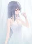  1girl bangs black_eyes black_hair blush breasts cleavage highres long_hair looking_away nightgown original playing_with_own_hair shands simple_background small_breasts smile solo standing 
