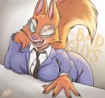  2021 anthro big_breasts black_necktie breasts business_suit canid canine clothing diane_foxington dreamworks eyebrow_piercing eyewear facial_piercing female fox glasses hi_res jewelry kyron-ladon leaning leaning_forward looking_at_viewer mammal necklace necktie one_eye_closed open_mouth piercing red_fox smile solo suit the_bad_guys title wink winking_at_viewer 