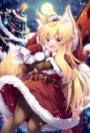  1girl ahoge animal_ear_fluff animal_ears bag bangs belt black_legwear blonde_hair blush capelet christmas christmas_tree commentary_request dress eyebrows_visible_through_hair fang fox_ears fox_girl fox_tail fur-trimmed_capelet fur-trimmed_dress fur-trimmed_gloves fur_trim gloves hair_between_eyes hat holding holding_bag light_particles long_hair looking_at_viewer moon night night_sky open_mouth original outdoors pantyhose red_capelet red_eyes red_gloves roshin santa_costume santa_dress santa_hat sidelocks skin_fang sky solo tail torii 