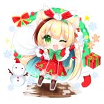  1girl ;d animal_ear_fluff animal_ears bangs blonde_hair blue_hair boots box brown_footwear capelet cat_ears cat_girl cat_tail chibi christmas christmas_stocking christmas_wreath commentary_request dress eyebrows_visible_through_hair full_body fur-trimmed_boots fur-trimmed_capelet fur-trimmed_headwear fur_trim gift gift_box gingerbread_man green_eyes hat holding holding_sack knee_boots long_hair multicolored_hair one_eye_closed original red_capelet red_dress sack santa_hat shikito smile snowflakes snowman solo standing standing_on_one_leg star_(symbol) tail two-tone_hair very_long_hair 