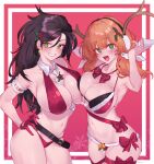  2girls antlers bangs bell belt between_breasts bikini black_hair blush bow bowtie breast_press breasts brown_hair christmas collarbone cowboy_shot earrings eonsang eyebrows_visible_through_hair girls&#039;_frontline gloves green_eyes grin hair_between_eyes hair_ornament hairband hand_on_hip heart heart_in_eye highres howa_type_89_(girls&#039;_frontline) jewelry large_breasts long_hair looking_at_viewer mole mole_under_eye multiple_girls navel necktie necktie_between_breasts open_mouth python_(girls&#039;_frontline) red_gloves red_necktie smile swimsuit symbol_in_eye symmetrical_docking white_necktie 