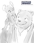  anthro celestine_(ernest_and_celestine) clothed clothing digital_media_(artwork) duo english_text ernest_(ernest_and_celestine) ernest_and_celestine female fur hi_res joaoppereiraus male mammal monochrome mouse murid murine rodent signature simple_background size_difference smile text url ursid young 
