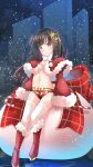  1girl asashio_(kancolle) black_hair blue_eyes blush boots building capelet christmas comah eyebrows_visible_through_hair fur-trimmed_boots fur-trimmed_capelet fur-trimmed_sleeves fur_trim highres kantai_collection long_hair navel open_mouth pom_pom_(clothes) red_capelet red_footwear sack sleeves_past_wrists snow snowing solo thighhighs white_legwear 