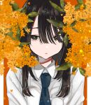  1girl black_eyes black_hair blue_necktie blurry bokeh commentary_request depth_of_field hair_between_eyes kawai_rou long_hair necktie open_mouth original osmanthus plant school_uniform shirt simple_background solo standing tagme upper_body white_shirt 