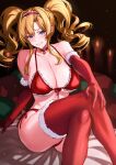  1girl bikini blonde_hair blue_eyes breasts christmas cleavage crossed_legs crotch_seam elbow_gloves gloves granblue_fantasy hand_on_own_knee highres large_breasts looking_at_viewer red_bikini red_gloves red_legwear santa_bikini santa_costume seductive_smile smile solo swimsuit thighhighs thighs twintails ulrich_(tagaragakuin) zeta_(granblue_fantasy) 