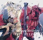  1boy bazooka_(gundam) blonde_hair blue_eyes char_aznable dual_wielding gun gundam hair_behind_ear happy_birthday highres holding holding_gun holding_weapon kare_(0621utak) looking_at_viewer mask mecha military military_uniform mobile_suit mobile_suit_gundam one-eyed red_eyes removing_mask uniform weapon zaku_ii_s_char_custom zeon 