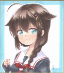  1girl ahoge black_serafuku blue_eyes braid brown_hair closed_mouth hair_flaps hair_ornament hair_over_shoulder highres kantai_collection looking_at_viewer marker_(medium) neckerchief red_neckerchief remodel_(kantai_collection) school_uniform serafuku shigure_(kancolle) simple_background single_braid smile solo traditional_media upper_body yuuki_chima 