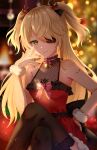  1girl arm_up bangs bell black_choker black_legwear blonde_hair blurry blurry_background breasts choker christmas christmas_tree crossed_legs dress eyepatch fischl_(genshin_impact) fishnets genshin_impact green_eyes hair_between_eyes hair_ornament hair_over_one_eye hand_on_hip highres long_hair looking_at_viewer nasii neck_bell pink_ribbon red_dress ribbon sitting small_breasts smile thighhighs twintails 