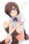  1girl absurdres asou_(asabu202) brown_hair character_name closed_mouth futsuu_no_joshikousei_ga_locodol_yattemita highres looking_at_viewer purple_eyes school_uniform shoes short_hair short_sleeves simple_background sitting smile socks solo usami_nanako white_background 