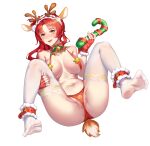  1girl :d absurdres animal_ears antler_ornament bangs blush bow bowtie box breasts candy candy_cane christmas christmas_ornaments cleavage deer_ears fake_animal_ears fake_horns fingerless_gloves food forehead full_body gloves headband highres holding honkai_(series) honkai_impact_3rd horns looking_at_viewer murata_himeko navel open_mouth panties red_bow red_bowtie red_gloves red_panties simple_background smile soles solo thighhighs toes underwear white_background white_legwear xiaomu_(a414171448) yellow_eyes 