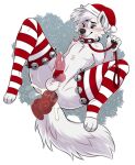  anthro bell bodily_fluids candy candy_cane canid canine clothing collar cum dessert dildo food footwear fox fur genital_fluids hat headgear headwear hi_res leash male mammal princelykaden sex_toy socks solo tongue tongue_out white_body white_fur 