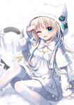  1girl ;d animal_ears animal_hood arm_up bangs blonde_hair blue_eyes blue_hair capelet cat_ears cat_hood cat_tail commentary_request dress eyebrows_visible_through_hair fake_animal_ears feet_out_of_frame fur-trimmed_capelet fur-trimmed_dress fur-trimmed_hood fur-trimmed_sleeves fur_trim hood hood_up hooded_capelet indie_virtual_youtuber long_hair long_sleeves multicolored_hair one_eye_closed pantyhose ribbon signature sleeves_past_wrists smile snow snowing solo tail tail_ornament tail_ribbon two-tone_hair uchuuneko uchuuneko_(vtuber) very_long_hair virtual_youtuber white_capelet white_dress white_legwear white_ribbon 
