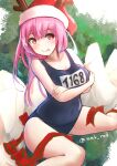  1girl absurdres antlers bare_arms bare_shoulders black_swimsuit blush christmas closed_mouth eyebrows_visible_through_hair hair_between_eyes hat highres i-168_(kancolle) kantai_collection long_hair mmk name_tag one-piece_swimsuit pink_eyes pink_hair pom_pom_(clothes) ponytail red_headwear reindeer_antlers santa_hat school_swimsuit smile solo swimsuit tongue tongue_out twitter_username 