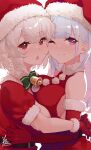  2girls :&lt; absurdres artist_name asymmetrical_docking azur_lane bangs bare_shoulders bell blunt_bangs breast_press breasts cheek-to-cheek chestnut_mouth closed_mouth commentary_request dido_(azur_lane) dress from_side fur-trimmed_dress fur-trimmed_gloves fur-trimmed_headwear fur_trim gloves hair_between_eyes hat heads_together highres hug kimi_tsuru large_breasts light_blue_hair long_hair multiple_girls neck_bell one_eye_closed open_mouth purple_eyes red_dress red_eyes red_gloves red_headwear santa_dress santa_hat short_hair short_sleeves siblings signature silver_hair sirius_(azur_lane) sisters sleeveless sleeveless_dress smile 