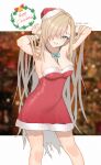  1girl absurdres asuna_(blue_archive) blonde_hair blue_archive blush breasts christmas cleavage dress hair_over_one_eye hand_in_hair hat highres large_breasts light_blue_eyes long_hair looking_at_viewer neil_(neil_nim) santa_hat signature smile solo 