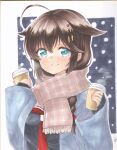  1girl ahoge alternate_costume bangs black_serafuku blue_eyes braid brown_hair closed_mouth coat coffee_cup commentary_request cup disposable_cup hair_flaps hair_ornament hair_over_shoulder highres holding holding_cup kantai_collection looking_at_viewer marker_(medium) neckerchief red_neckerchief remodel_(kantai_collection) scarf school_uniform serafuku shigure_(kancolle) simple_background single_braid smile solo traditional_media upper_body winter_clothes winter_coat yuuki_chima 