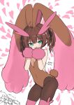  1girl animal_ears bare_arms bare_shoulders black_ribbon blush breasts brown_hair brown_legwear brown_leotard character_request cosplay drowzee green_eyes hair_ribbon hands_up heart highres hololive large_ears leotard looking_at_viewer lopunny lopunny_(cosplay) medium_hair natsuiro_matsuri pantyhose pink_legwear pokemon pokemon_(creature) rabbit_ears ribbon sabaku_chitai small_breasts smile solo standing thighhighs two_side_up wristband 