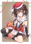  1girl black_gloves black_hair black_legwear black_neckerchief black_skirt blush border box brown_eyes christmas elbow_gloves eyebrows_visible_through_hair fingerless_gloves full_body gift gift_box gloves grin hair_between_eyes hat kamidanomi kantai_collection kneehighs looking_at_viewer neckerchief one_eye_closed pleated_skirt pom_pom_(clothes) red_headwear remodel_(kantai_collection) sailor_collar santa_hat scarf school_uniform sendai_(kancolle) serafuku short_hair single_kneehigh single_thighhigh skirt smile solo thighhighs two_side_up white_border white_sailor_collar white_scarf 