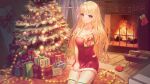  1girl blonde_hair blush breasts christmas christmas_tree cleavage fireplace gift highres holding indoors large_breasts long_hair looking_at_viewer merry_christmas original pink_eyes santa_costume sitting smile solo stuffed_animal stuffed_toy teddy_bear thighs wakum 
