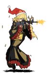  1girl absurdres antlers assault_rifle bangs blonde_hair bow bowtie breasts brown_gloves bullet chinese_clothes fingerless_gloves firing fox_print frilled_sleeves frills fur-trimmed_headwear gloves gold_trim gun hair_between_eyes hat high_heels highres holding holding_gun holding_weapon junko_(touhou) kikoka_(mizuumi) large_breasts long_hair long_sleeves looking_to_the_side m16 neck_ribbon obi outstretched_arms phoenix_crown red_eyes red_headwear reindeer_antlers ribbon rifle santa_hat sash shell smile solo standing tabard tassel touhou weapon wide_sleeves yellow_bow yellow_bowtie yellow_ribbon 