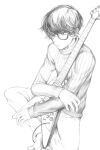  1boy barefoot commentary_request damaged electric_guitar fujicue!!!_~fuji_cue&#039;s_music~ gibson_flying_v glasses greyscale guitar highres indian_style instrument looking_away male_focus monochrome oboredani_yousuke original ribbed_sweater sitting sketch solo sweater taguchi_shouichi turtleneck 