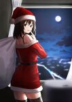  1girl black_hair blush brown_eyes finger_to_mouth from_behind keiyo_earth looking_at_viewer looking_back moon night open_mouth santa_costume signature sky smile solo standing star_(sky) starry_sky thighhighs zettai_ryouiki 