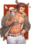  1boy abs animal_ears bara bare_pectorals belt blue_eyes brown_hair brown_jacket cross_scar deer_ears facial_hair fate/grand_order fate_(series) goatee hand_on_hip highres holding holding_sack jacket large_pectorals long_sideburns looking_at_viewer muscular muscular_male napoleon_bonaparte_(fate) navel open_clothes open_jacket open_shirt pants pectorals sack scar scar_on_chest shirt short_hair sideburns solo tekkowang white_pants white_shirt 