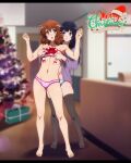  2girls :o barefoot behind_another black_hair black_legwear blue_panties blurry blurry_background bra brown_eyes brown_hair christmas christmas_present christmas_tree closed_mouth full_body gift hands_up hibike!_euphonium highres kousaka_reina living_room long_hair looking_at_another medium_hair merry_christmas multiple_girls navel no_pants no_shoes open_clothes open_mouth open_shirt oumae_kumiko panties pink_panties purple_eyes purple_shirt sbel02 shirt smile straight_hair teeth thighhighs underwear underwear_only upper_teeth wavy_hair yuri 