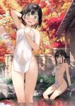  2girls akemi_(kantoku) arm_behind_head autumn autumn_leaves black_hair blush breasts covering covering_breasts day embarrassed highres himeru_(kantoku) kantoku looking_at_viewer medium_breasts multiple_girls naked_towel nude_cover onsen original outdoors short_hair sitting soaking_feet standing steam sunlight towel tree water wavy_mouth wet 