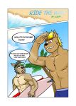  abs anthro athletic athletic_anthro athletic_male beach black_hair blonde_hair blue_bottomwear blue_clothing blue_eyes blue_shorts bottomwear brown_body brown_fur canid canine canis clothed clothing cloud coconut comic day dialogue domestic_dog drupe_(fruit) duo english_text food fruit fur guss_(vju79) hair hand_on_forehead hat headgear headwear hi_res holding_object male mammal muscular muscular_anthro muscular_male nipples outside palm_tree plant sand seaside shorts sky smile surfboard text topless topless_male tree visor_cap vju79 wolf 